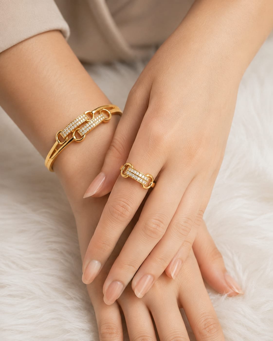 Gold-Plated Pavé Link Bangle & Ring Set - Image 2