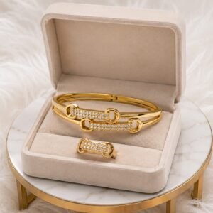 Gold-Plated Pavé Link Bangle & Ring Set