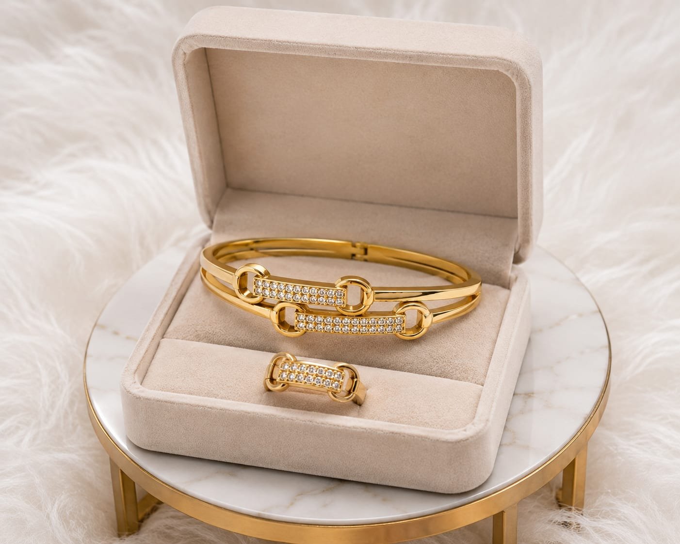 Gold-Plated Pavé Link Bangle & Ring Set