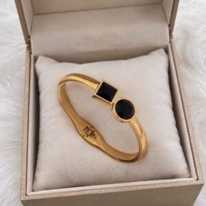 Gold-Plated Dual Black Stone Cuff Bracelet