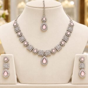 Silver-Tone Pink Stone Bridal Necklace Set