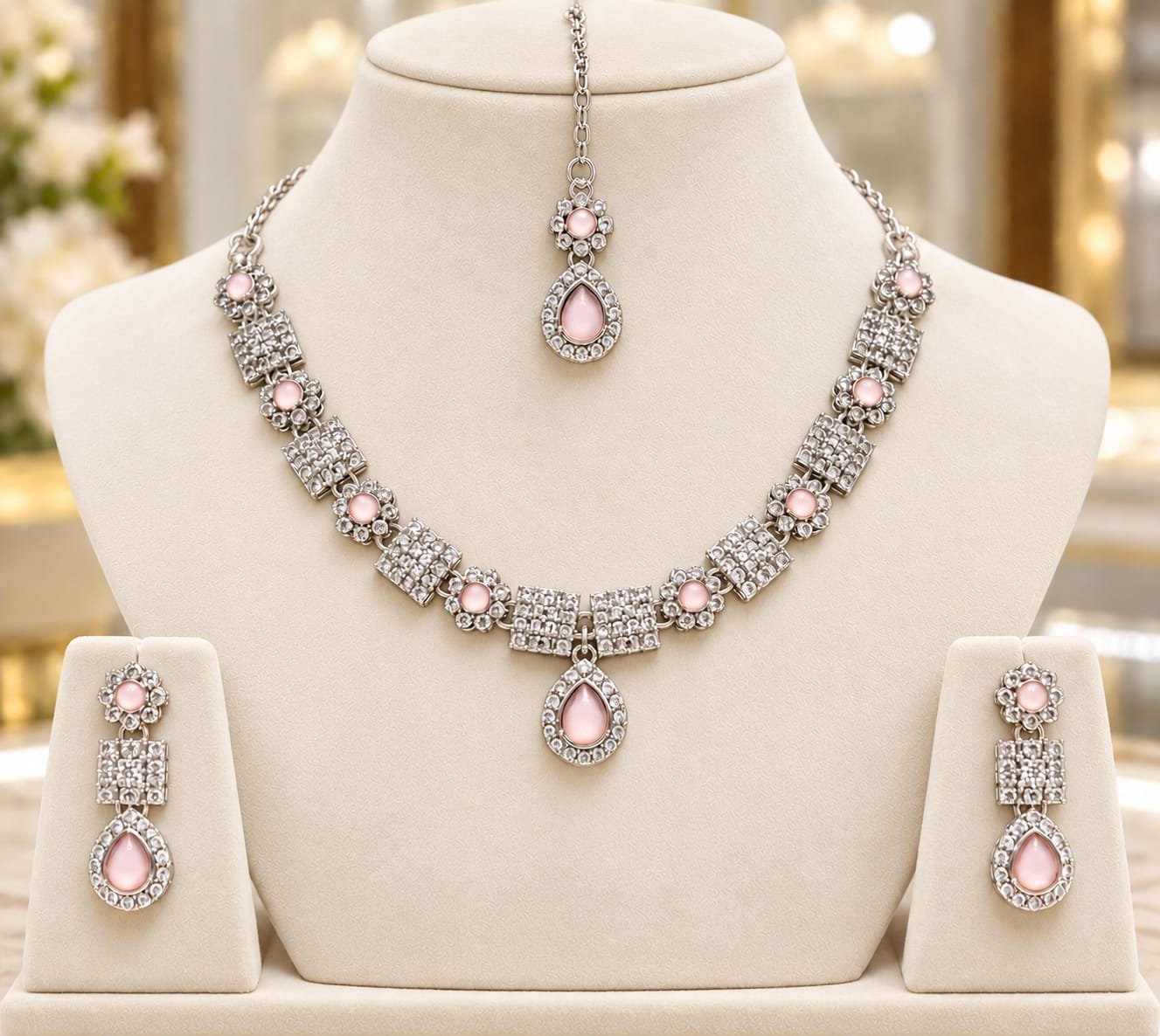 Silver-Tone Pink Stone Bridal Necklace Set