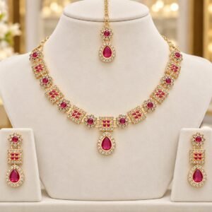 Gold-Tone Ruby Stone Bridal Necklace Set