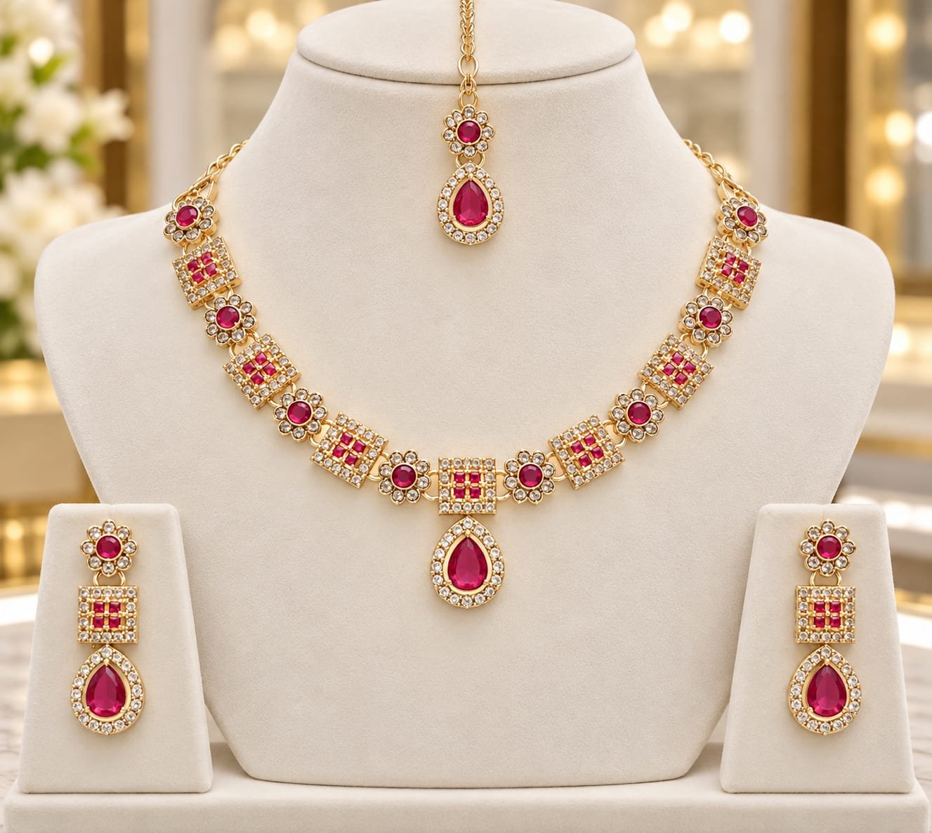 Gold-Tone Ruby Stone Bridal Necklace Set