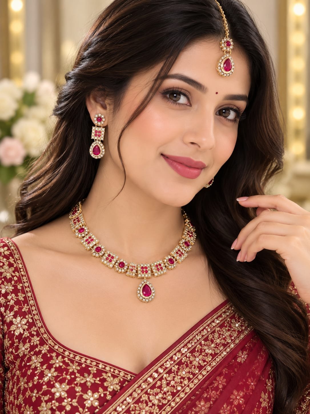 Gold-Tone Ruby Stone Bridal Necklace Set - Image 2