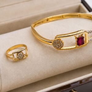 Elegant Gold-Tone Ruby Stone Bracelet & Ring Set