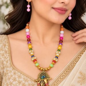 Multicolor Peacock Krishna Beaded Long Necklace Set