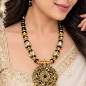 Black & Gold Traditional Statement Necklace Set with Earrings