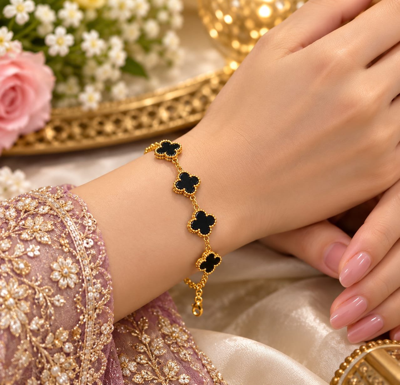 Venora Gold Black Clover Charm Bracelet